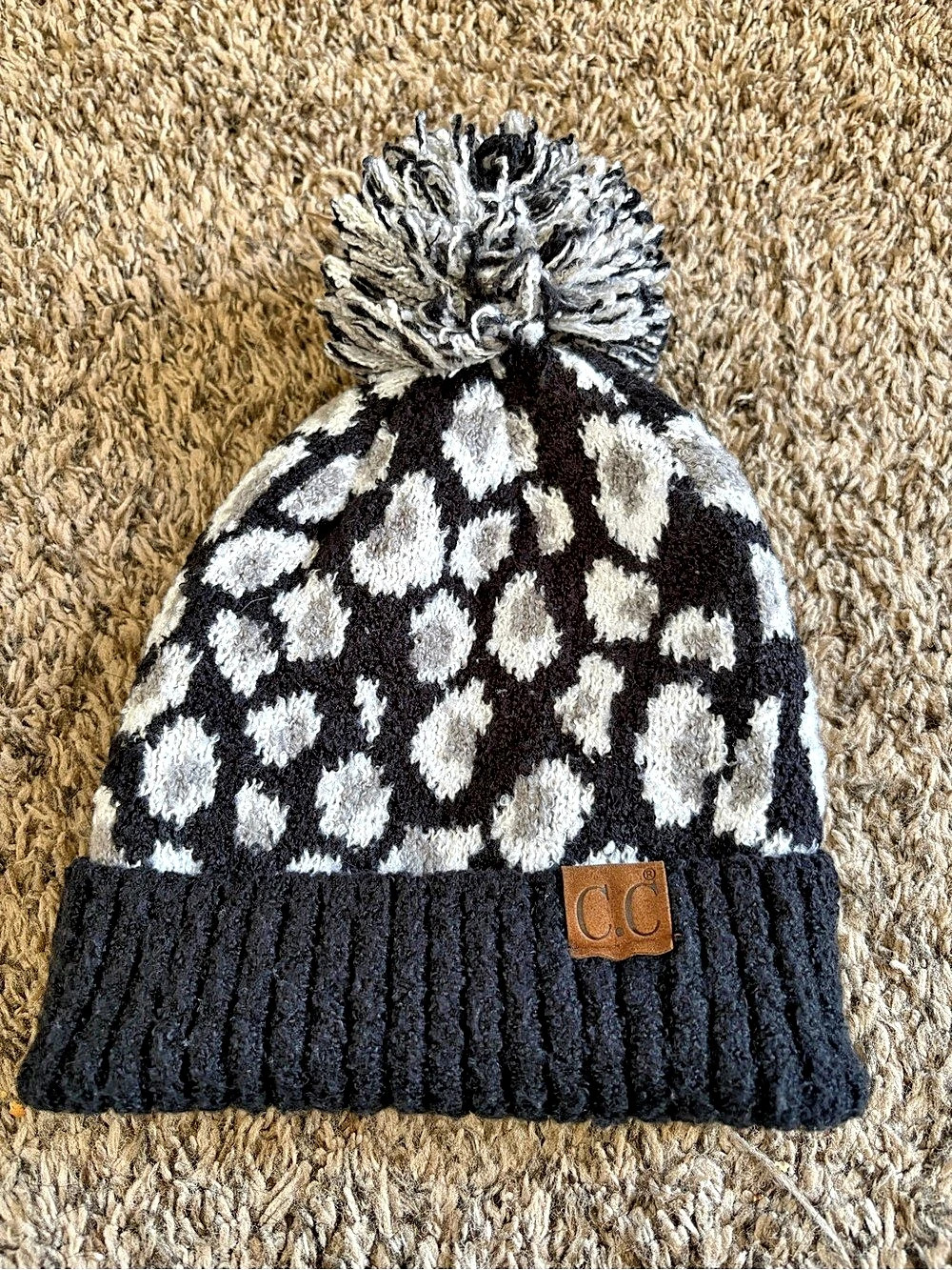 C.C Leopard Pom Beanie Black & White
